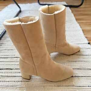 New Mansur Garvriel Women's Suede Shearling Heeled Boots Beige Size 7 Run Small